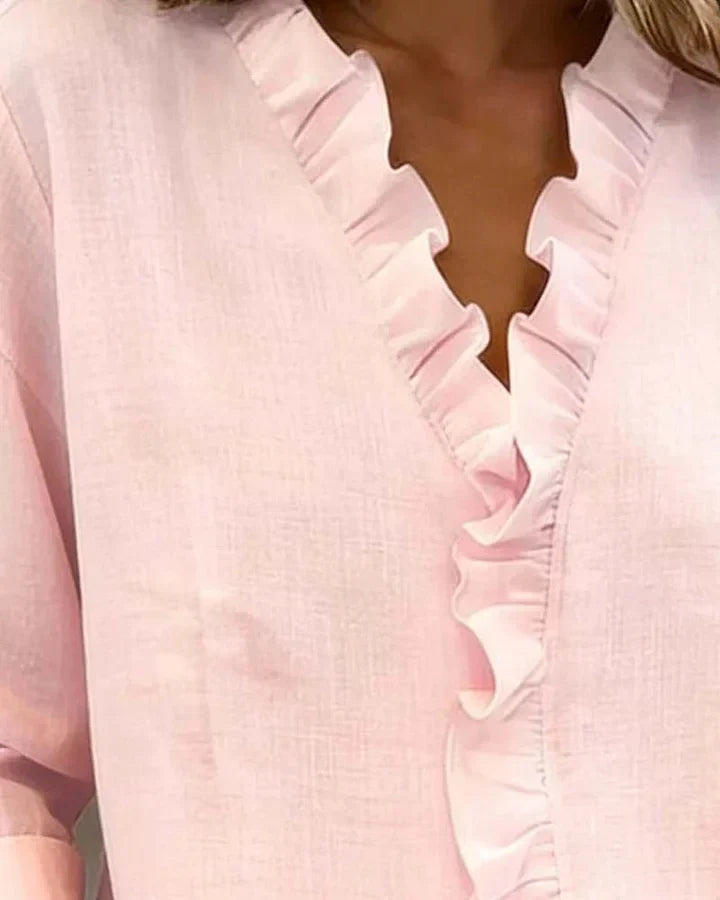 Verónica | Blusa con Volantes, Escote en V y Mangas Largas