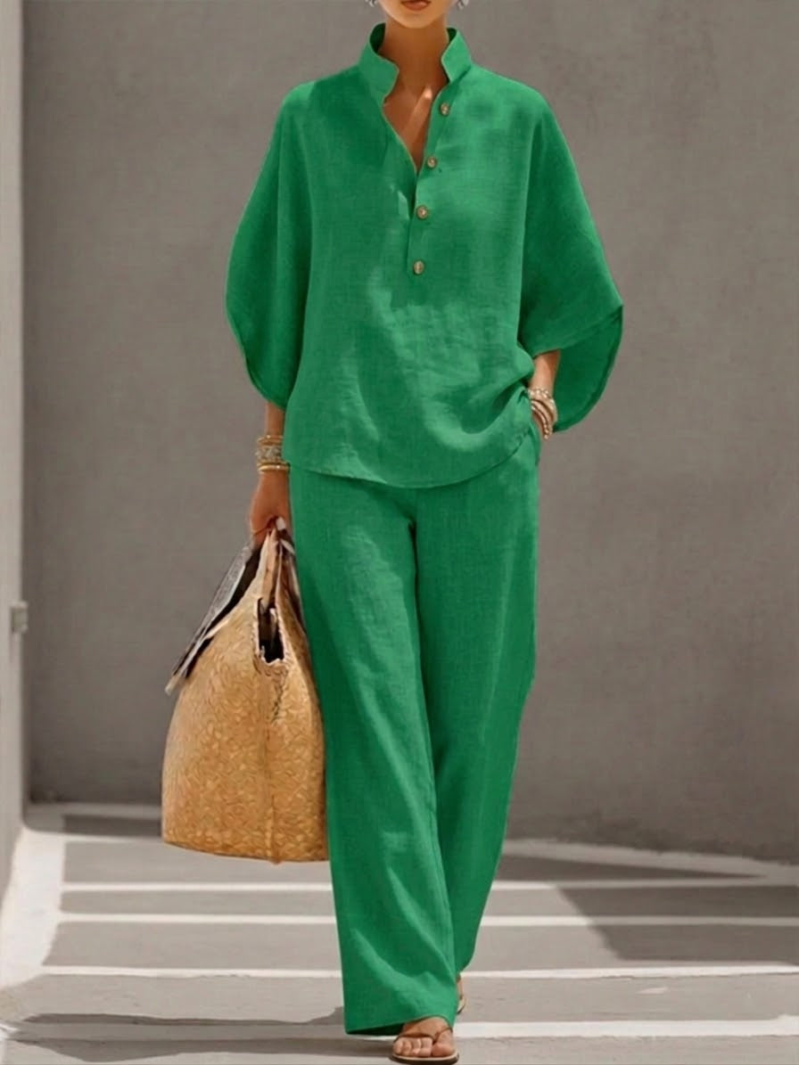 Maria | Conjunto de Algodón con Mangas Murciélago y Pantalón Ancho