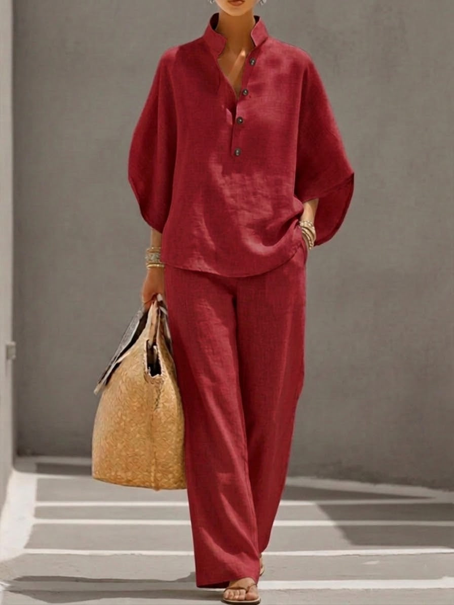 Maria | Conjunto de Algodón con Mangas Murciélago y Pantalón Ancho